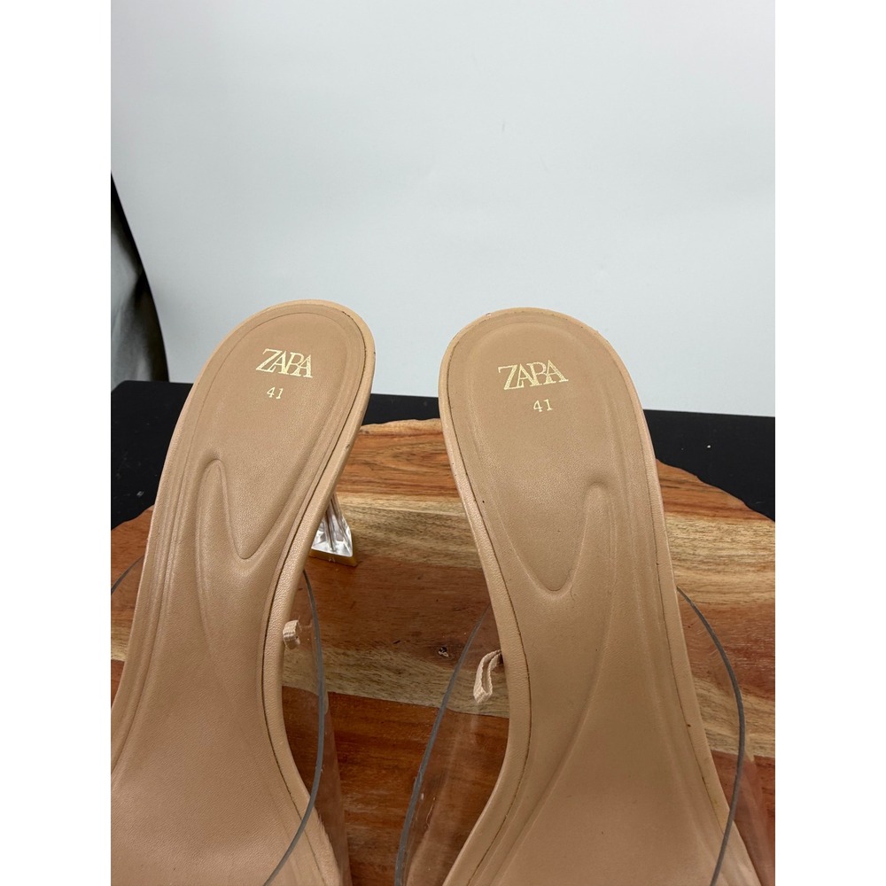 Zara Vinyl Heeled Mules Women 41 Tan Clear Architectural Strap Sandals 3314/110 - Picture 2 of 10